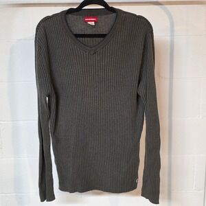 Vintage Y2K UNIONBAY Mens XL Ribbed V Neck Long‎ Sleeve Sweater Dark Gray Fitted